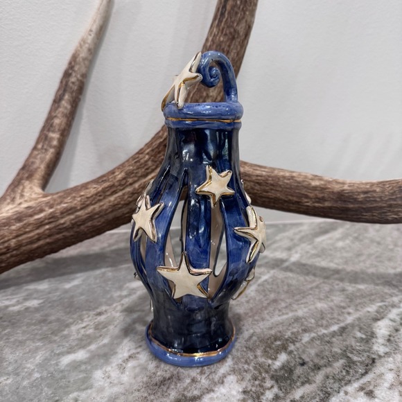 Heather Goldminc Other - Heather Goldminc Blue Ceramic Star Luminary Candle Holder Gold Trim rare find